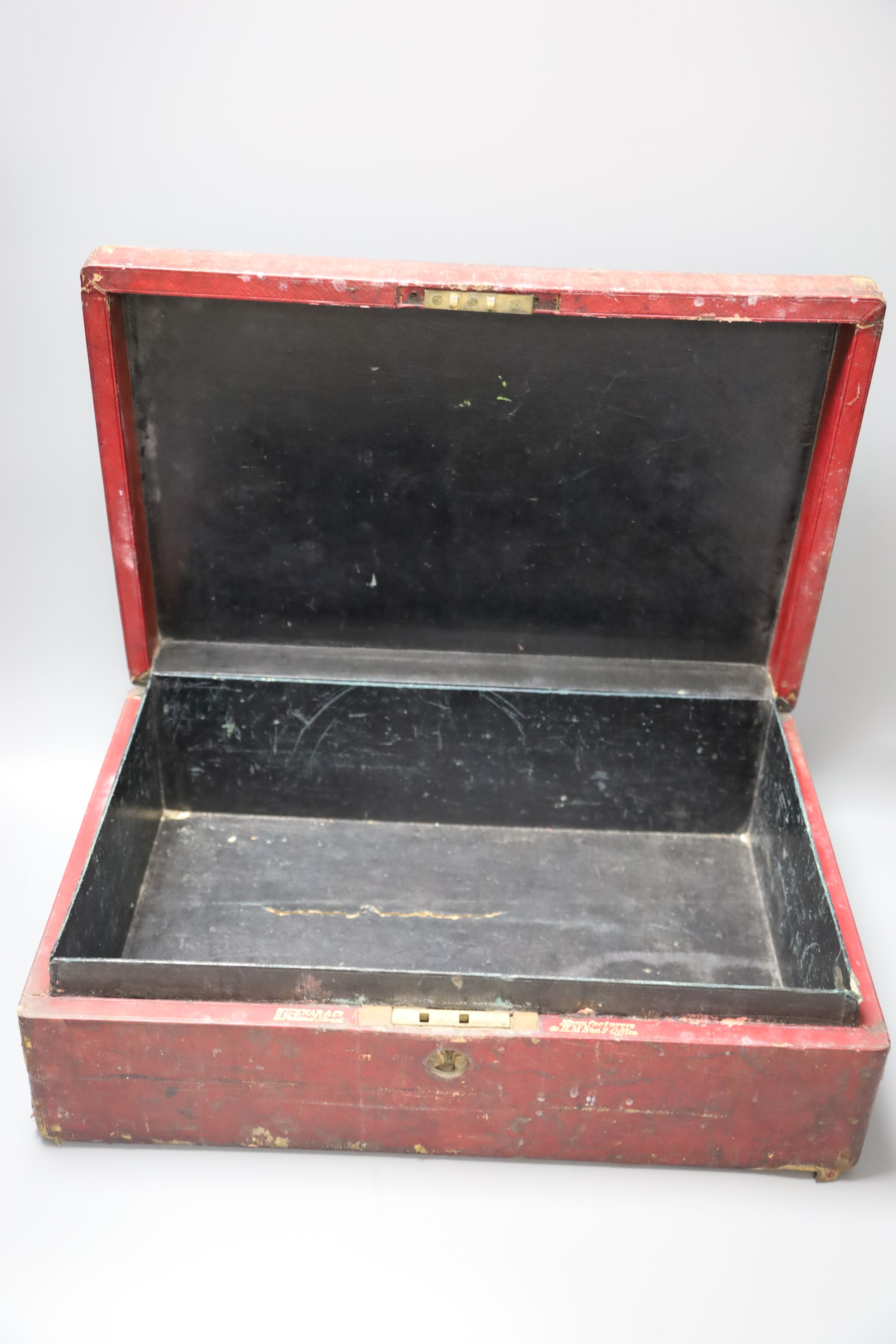 A Wickwar & Co red leather despatch box, length 45cm